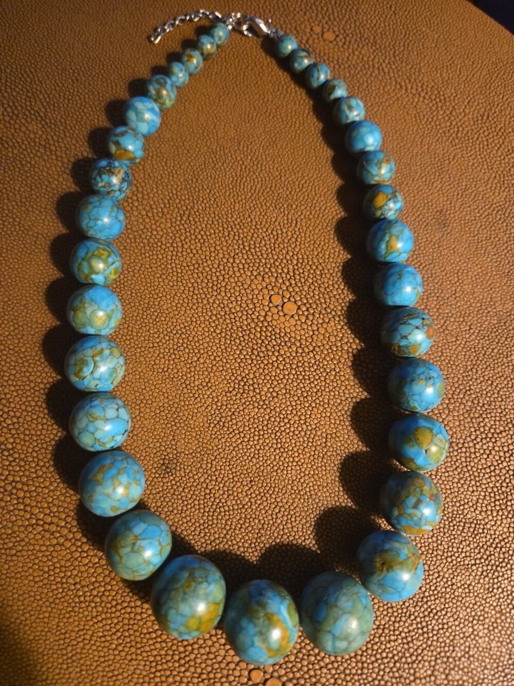 Graduating Composite Mosaic Turquoise Beaded Necklace Stainless Closure 16 Inch